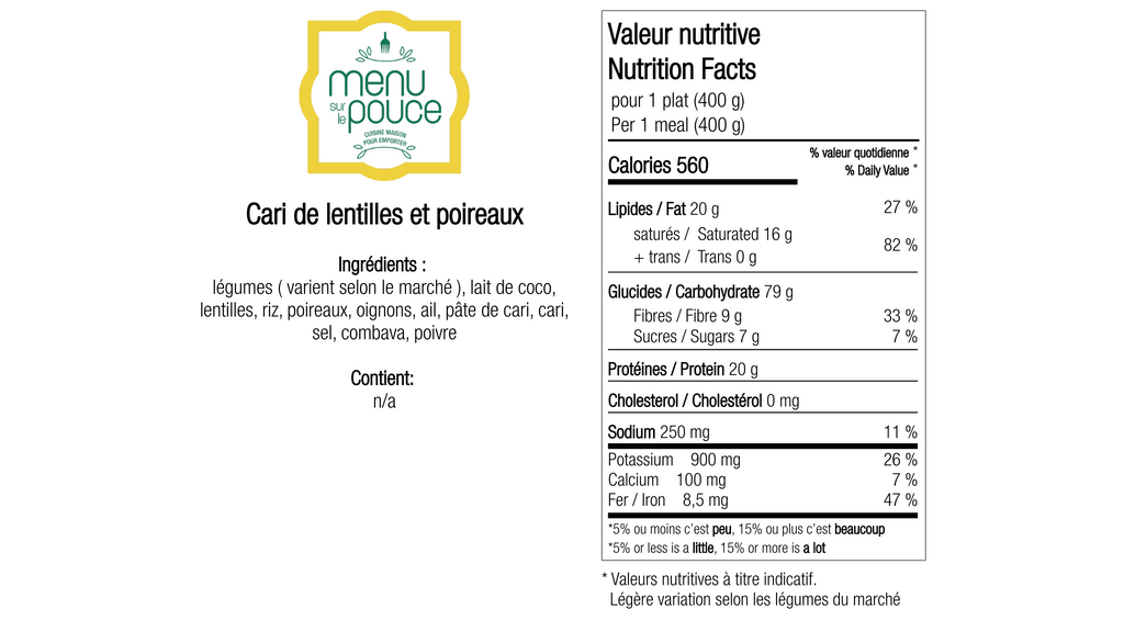Cari de lentilles et poireaux - 400g